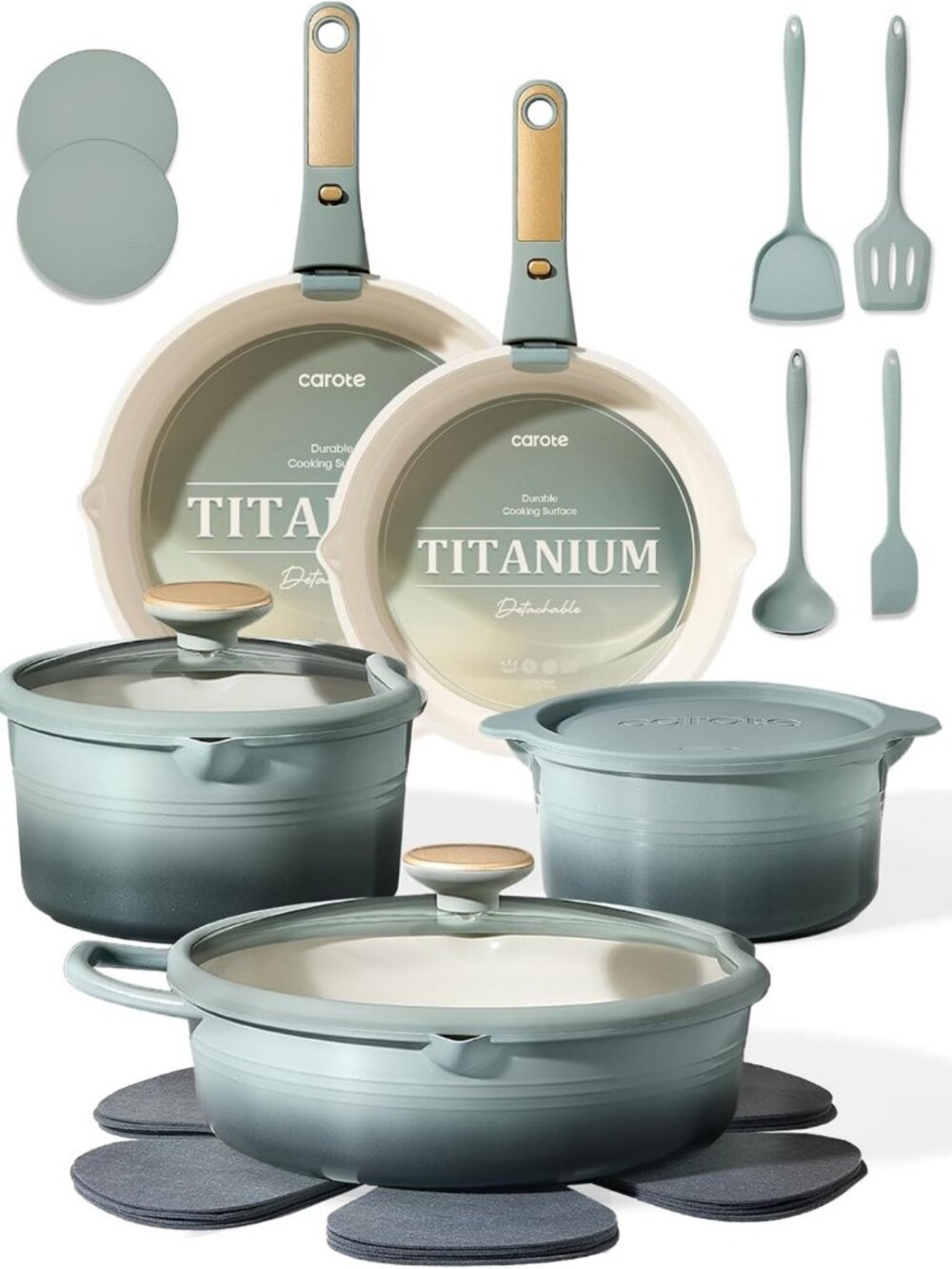 20pcs Titanium Cookware Set - Nonstick Pots & Pans with Detachable Handle